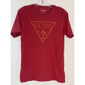 Guess Mens Logo T-Shirt Red Organic Cotton Triangle Graphic Tee XS